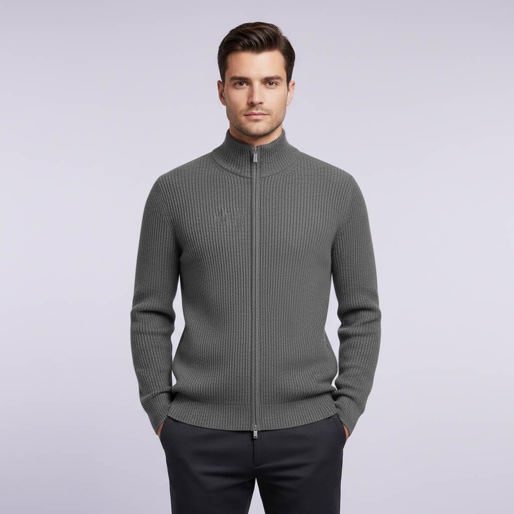 Men's Slim Fit Zip-Up Cardigan | Ribbed Texture Sweater