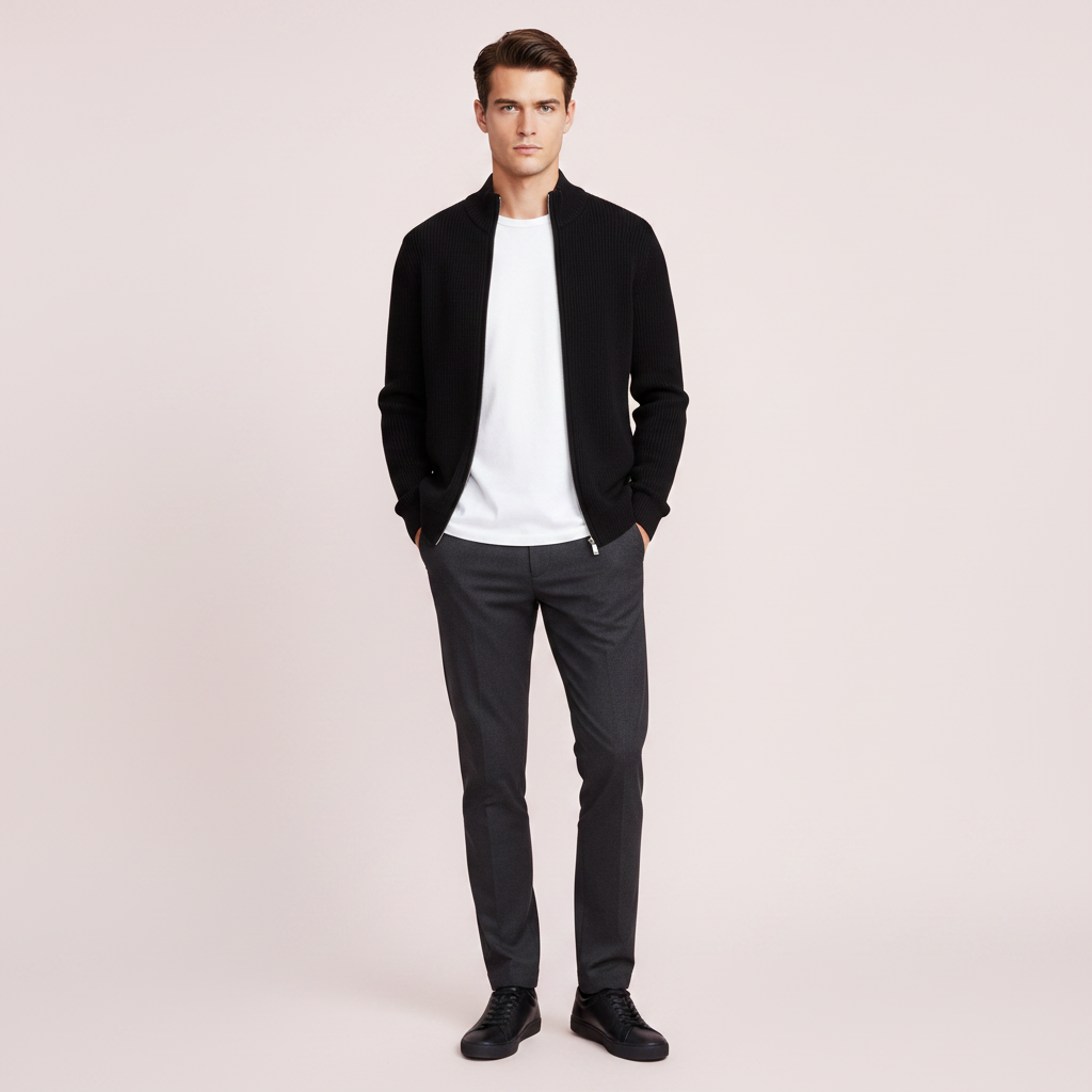 Men's Slim Fit Zip-Up Cardigan | Ribbed Texture Sweater
