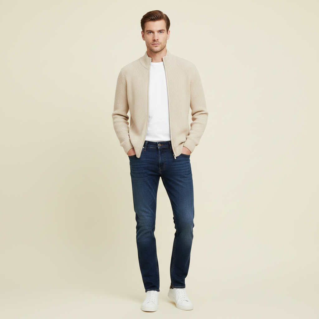 Men's Slim Fit Zip-Up Cardigan | Ribbed Texture Sweater