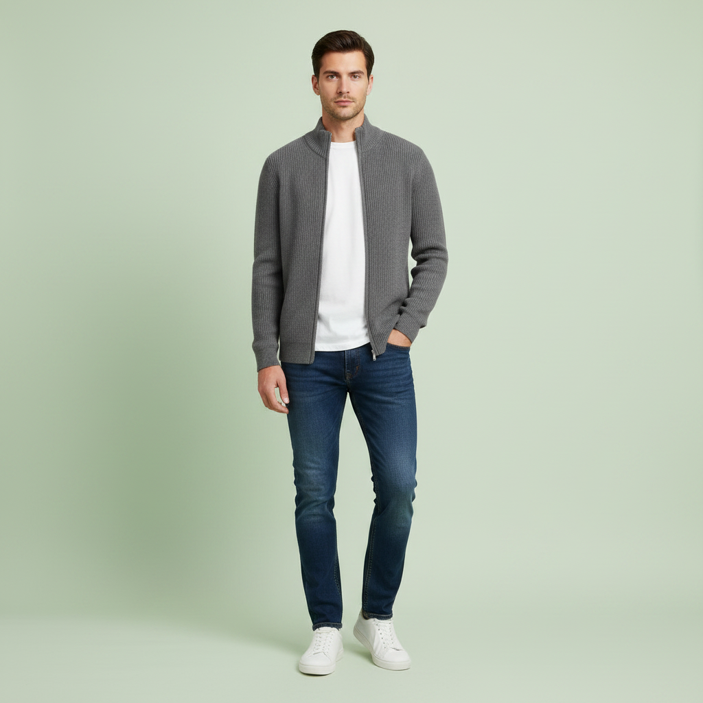 Men's Slim Fit Zip-Up Cardigan | Ribbed Texture Sweater
